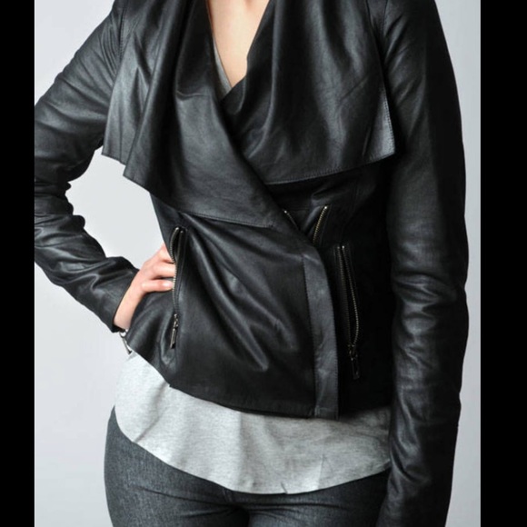 VINCE black paper drape collar leather jacket - Picture 4 of 16